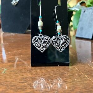 Silver Heart Butterfly Earrings